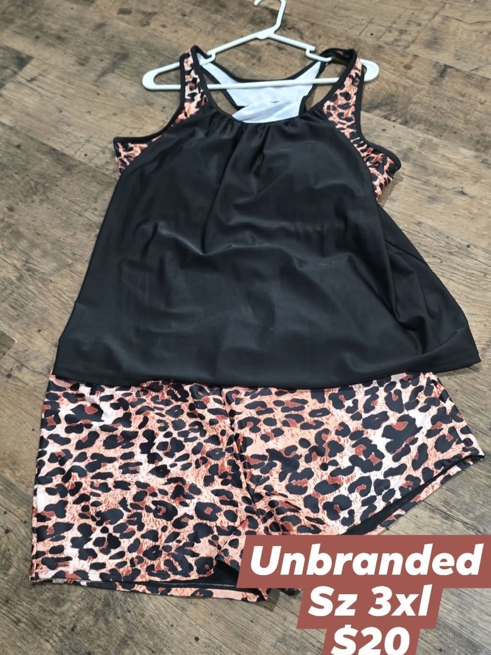 Source Unknown Black Tankini with Leopard Print Shorts